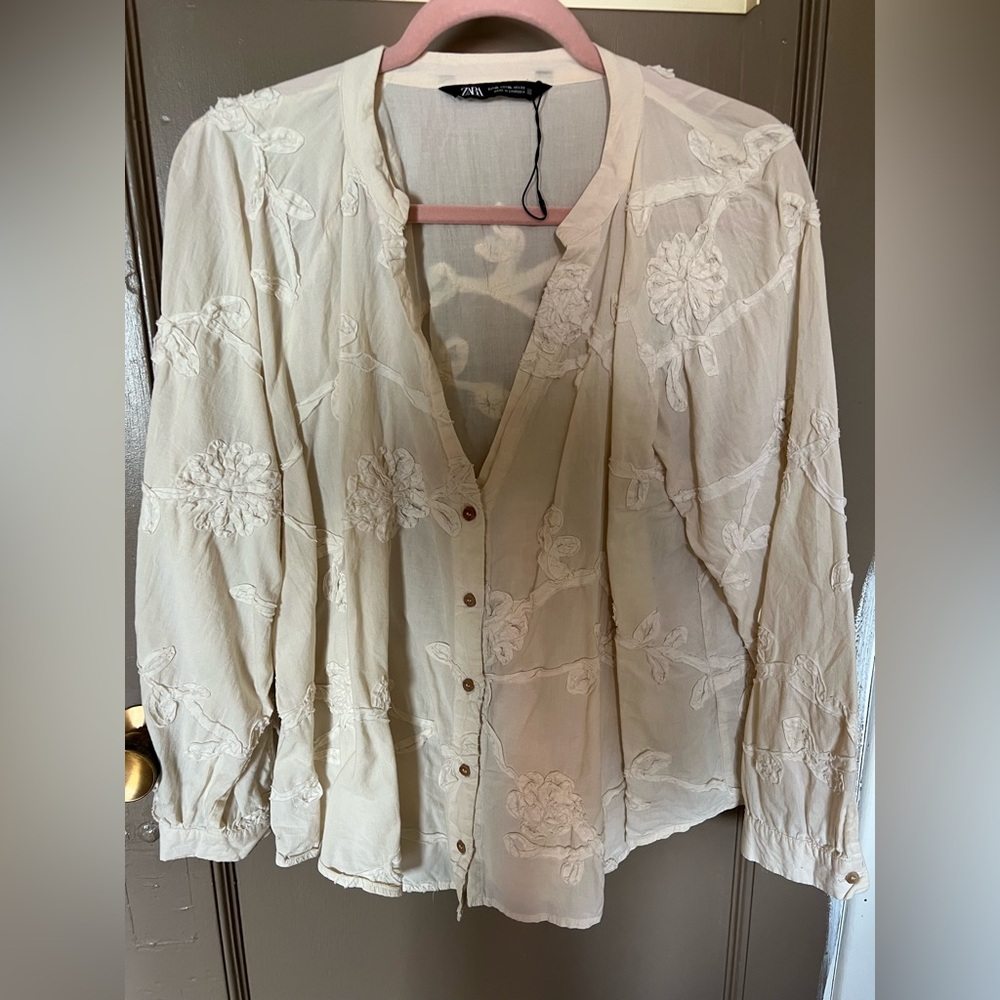 Zara Ecru Floral Boho Cotton Blouse